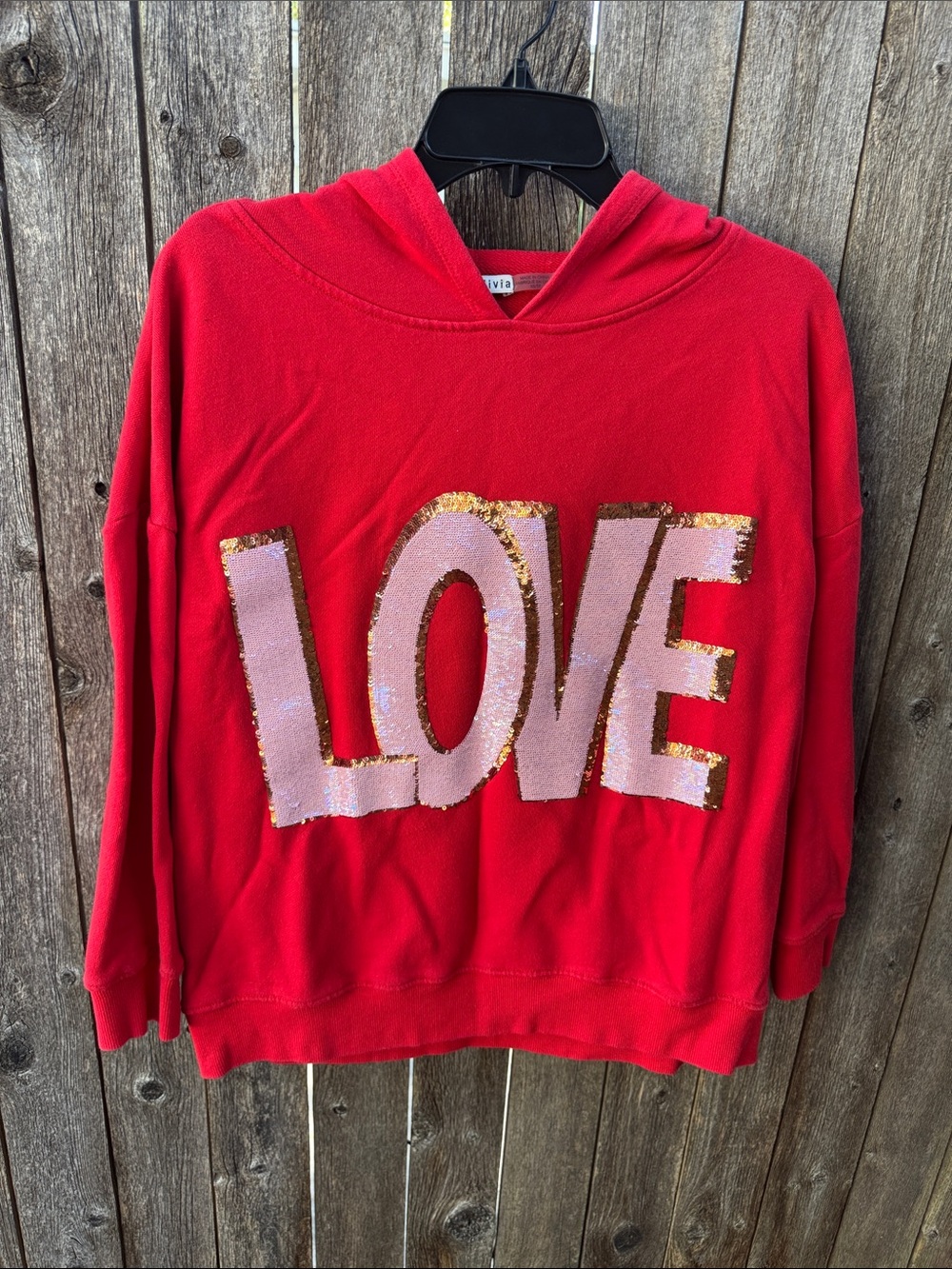 Alice + Olivia Red Hoodie Sweater with Pink and Gold Sequin 'LOVE'